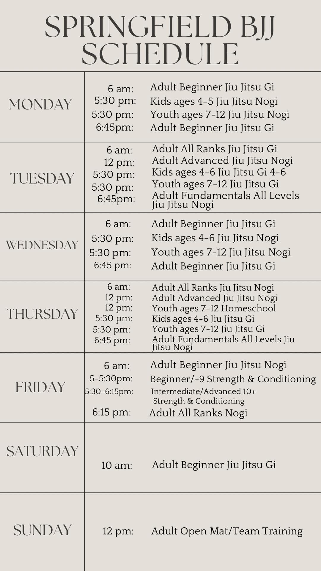 Weekly Schedule of Springfield BJJ