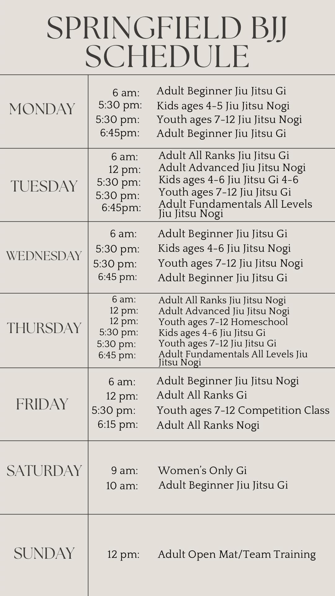 Weekly Schedule of Springfield BJJ